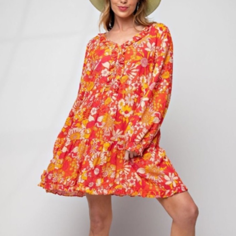 Easel Bright Coral Orange Pink Babydoll Flowy Mini Dress with Pockets Size Small